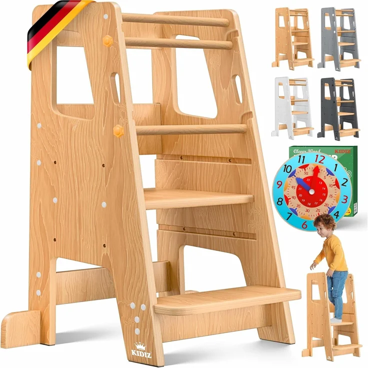 KIDIZ® Lernturm für Kinder ab 1 Jahr inkl. Lernuhr | 3-stufig Höhenverstellbarer Tritthocker aus Kiefernholz | spielerisch motorische Fähigkeiten fördern Montessori Learning Tower bis 50 kg belastbar Hellbraun – Bild 1