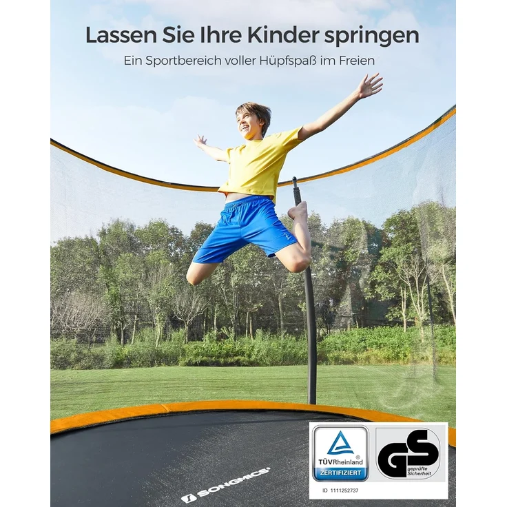 Songmics Trampolin mit Leiter, Sicherheitsnetz und gepolsterten Stangen, Stahl orange, Ø 305 cm – Bild 2