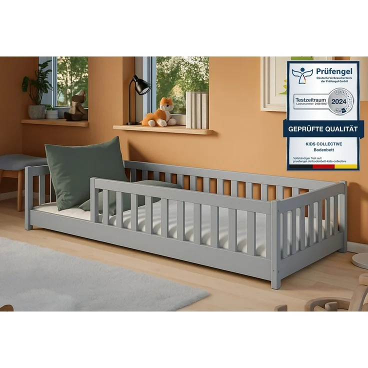 Kids Collective Bodenbett, mit Rausfallschutz & Lattenrost, Kiefer Aschgrau, 80x160 cm – Bild 1