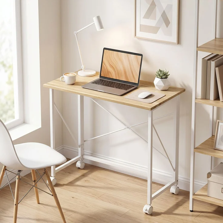 MELAYR, Klappbarer Schreibtisch mit Rädern, platzsparend, Stahl, MDF, Natur, 80 x 40 x 75 cm, Naturholz – Bild 3