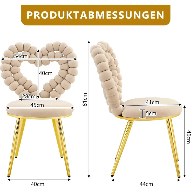 LVHOM 2er Set Esszimmerstuhl mit herzförmiger Rückenlehne, Polsterstuhl aus Samt & Metall, Designstuhl für Büro, Schminktisch und Wohnzimmer, Khaki – Bild 6