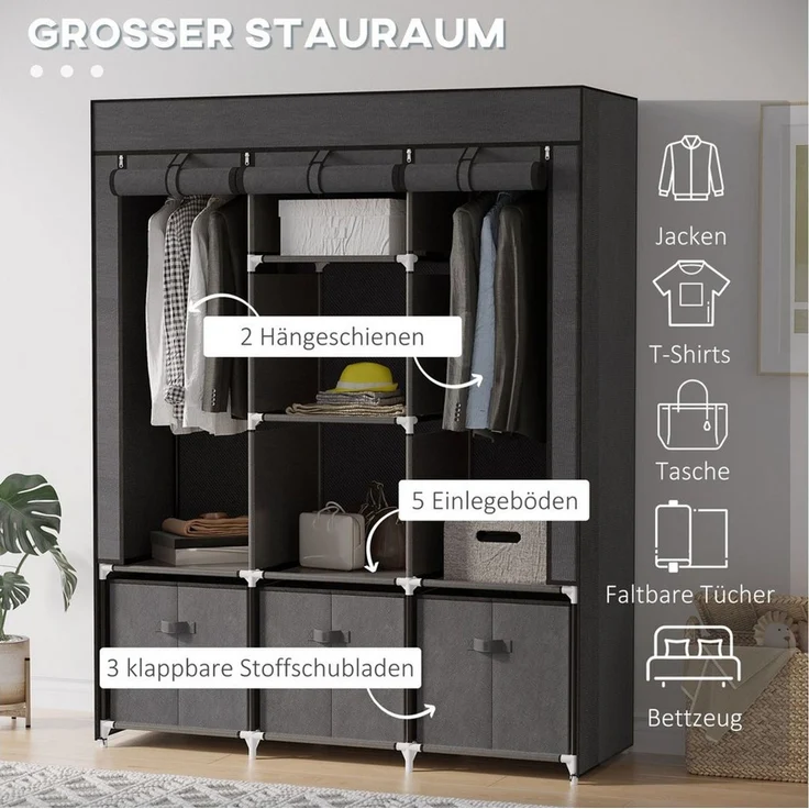 OKWISH Kleiderschrank Faltbarer Stoffschrank 125x43x162,5cm in Dunkelgrau mit 3 Schubladen (Garderobe mit Reißverschluss aus Vliesstoff, 1-St, Kleiderschrank) Platzsparender Faltschrank für Kleidung & Accessoires – Bild 3
