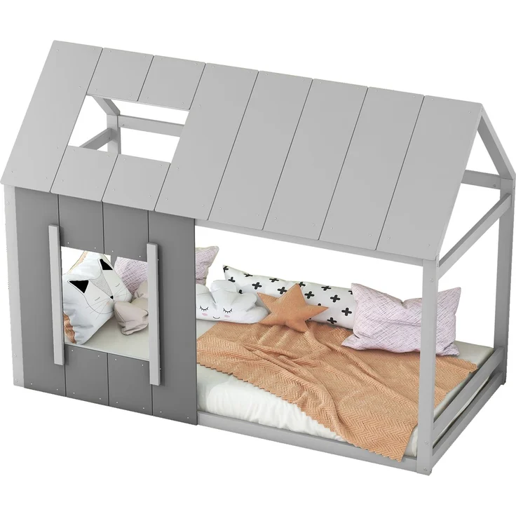 Kinderbett 90x200 cm in Hausform, Montessori Bett mit Dach und Fenster,offenes Design zum Dekorieren, Grau – Bild 6