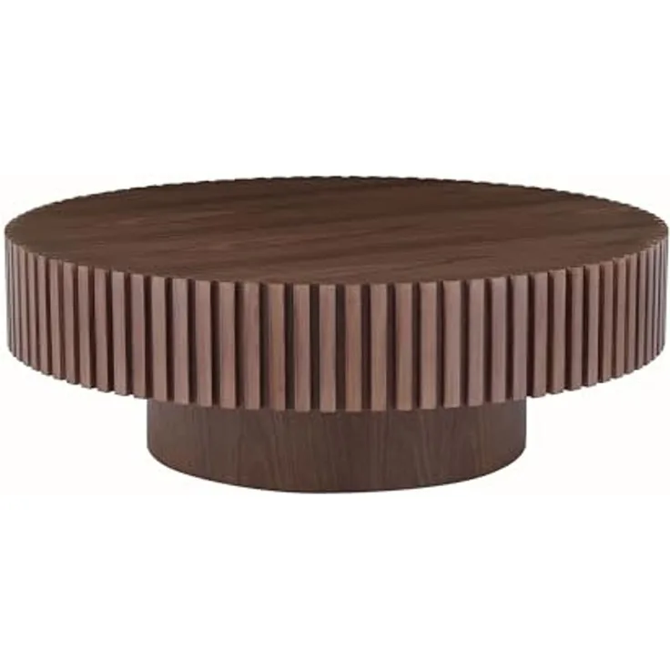 NJLyuhome Round Coffee Table with Grooved Edge, Solid Wood, 3 Colors (Walnut, Black, Natural) for Modern Living Room