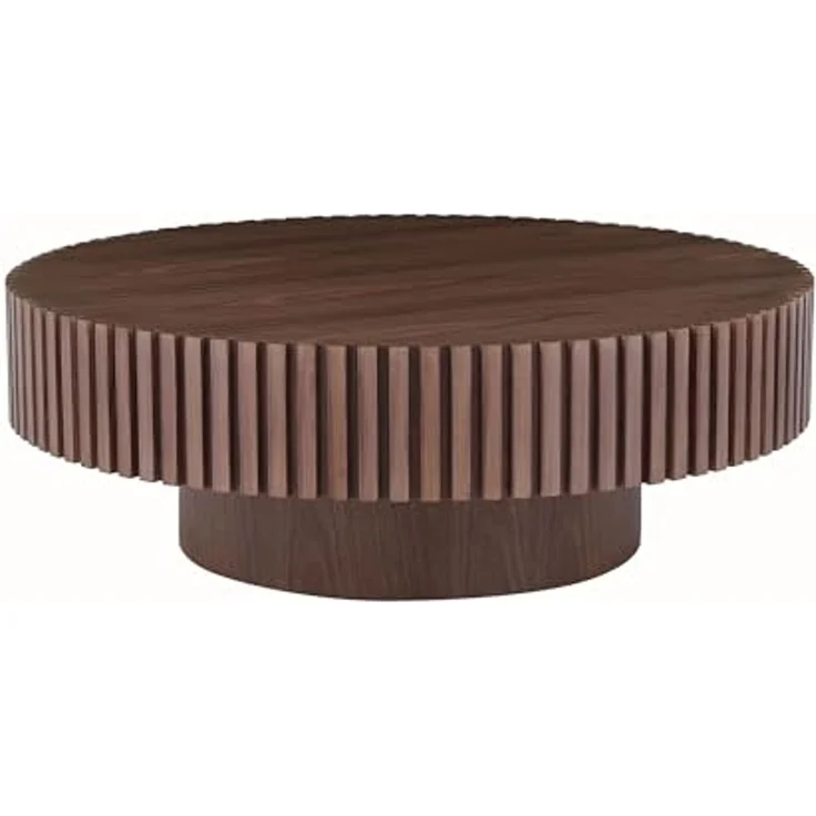 NJLyuhome Round Coffee Table with Grooved Edge, Solid Wood, 3 Colors (Walnut, Black, Natural) for Modern Living Room – Bild 1