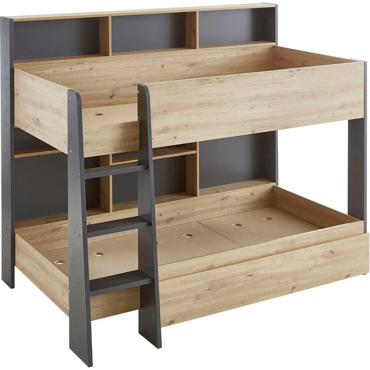 Relita Etagenbett Sely, viel Funktion auf kleinem Raum, 2 Liegeflächen, modernes Design (viele Regalfächer an der Bettrückseite, inkl. Schublade auf Rollen), viel Stauraum, pflegeleichte Melamin Oberfläche, 3 Farben zur Wahl – Bild 3