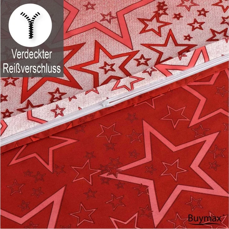 Buymax Bettwäsche Bettbezug-Set, Renforce: 100% Baumwolle, 3 teilig, 200x200 cm, mit Reißverschluss, Sterne Muster, Weiß Rot – Bild 4