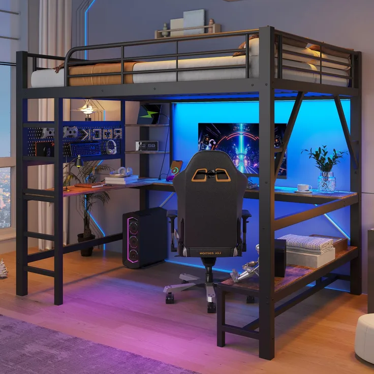 EINHOM Hochbett, 160 x 200cm, Eisenrahmen, Schreibtisch, Geländer, Trittleiter, mehrere Ablagen, mit usb+type-c Steckdose, mit LED Leiste, mit Lochbrett, ohne Matratze, Schwarz