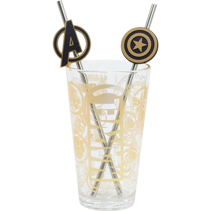 Avengers Glas 480 ml mit 2 Edelstahl Trinkhalmen