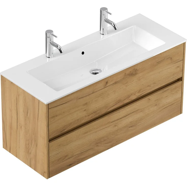 Posseik Badmöbel-Set Badmöbel Doppel-Waschtisch 2 Hahn Limes 120 cm Eiche Gold – Bild 1