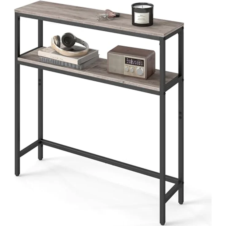 VASAGLE Konsolentisch, schmaler Sofatisch mit 2 Ablagen, 20 x 80 x 80 cm, Flurtisch, 2 Ebenen, für Flur, Wohnzimmer, Schlafzimmer, Greige meliert-tintenschwarz LNT130K02 – Bild 1
