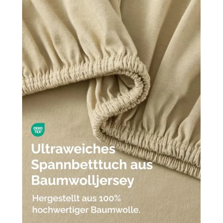 Spannbettlaken Jersey 90x200 - Baumwolle Boxspringbett 40cm tief - Beige | Spannbetttuch, Rundumgummi, Dehnbar, Weich, Atmungsaktiv, Knitterfrei, Pflegeleicht, Baumwoll-Jersey, Bis 40cm, OEKO-TEX – Bild 2