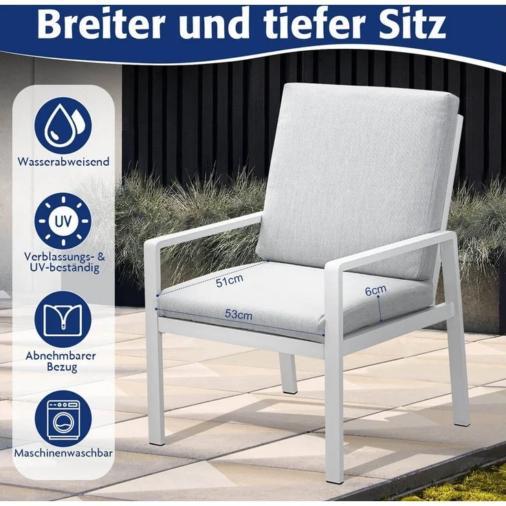 MeXo Gartenlounge-Set Aluminium Gartenmöbel-Set, (Balkonmöbel Set, 3-tlg, 2 Gartenstühle, 1 Couchtisch, inkl. Auflagen), wetterfest Loungemöbel Sitzgruppe – Bild 2