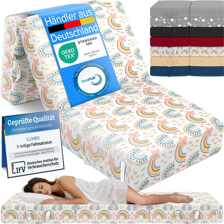 ELONEO Klappmatratze, Gästematratze, 3-teilige Faltmatratze, Schaumstoff extra dick (15cm), waschbar, Bandscheibenwürfel, klappbar, Faltbare Matratze, Erwachsene (Regenbogen, 75 x 195 x 15 cm) – Bild 1