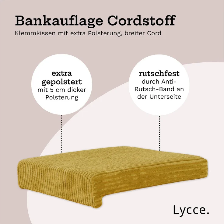Lycce Bankauflage Klemmkissen mit Leiste - Cord, Polsterung, rutschfest Senfgelb 8x40x38cm – Bild 2