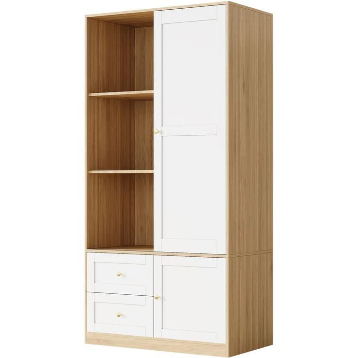 Merax Schiebetür-Kleiderschrank, Schiebetürenschrank, Kleiderschrank mit Schiebetüren, Multifunktions-Kleiderschrank, mit Kleiderstange und Schubladen, Weiß & Holzfarbe, 90×50×180 cm – Bild 9