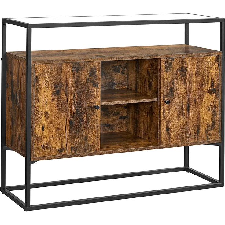 VASAGLE Sideboard, Beistellschrank, Aufbewahrungsschrank mit Glasoberfläche und offenen Fächern, Wohnzimmer, Diele, Stah