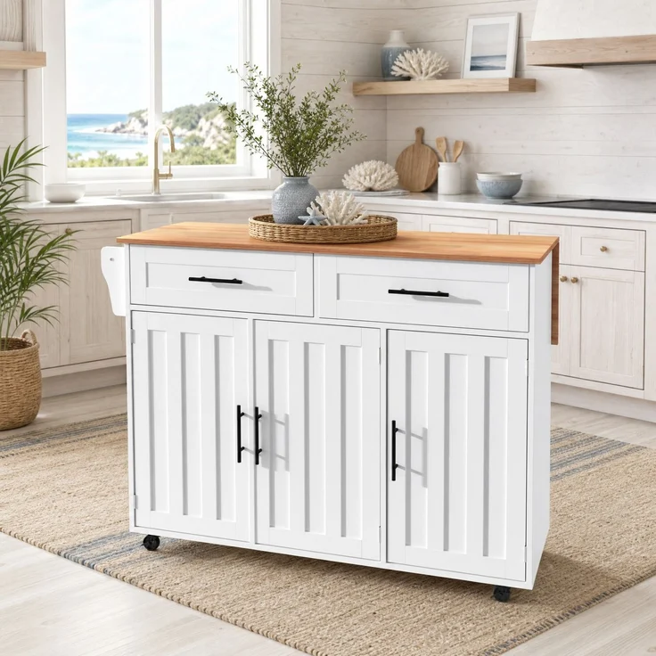 Servierwagen 129x46/71x91,5 cm mit klappbarer Arbeitsplatte – Kücheninsel aus MDF in Weiß mit Stauraum und Rollen – Bild 4