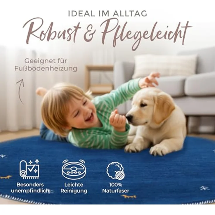 carpetfine 'Gabbeh Uni' Wollteppich, reine Wolle, Blau, Ø 120 cm – Bild 7