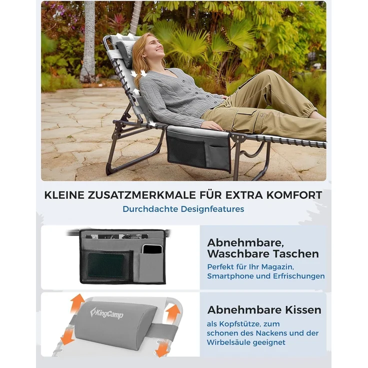 KingCamp Sonnenliege Klappbar 2er Set Gartenliege Campingliege 5-Stufig Verstellbarer Rückenlehne Liege Gartenstuhl Strandliege Camping Klappbett mit Kopfkissen für Garten Urlaub Outdoor Strand Pool – Bild 5