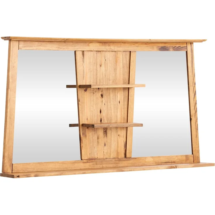 Rustikaler Echtholz-Wandspiegel Rangun, 140 cm - Stilvolle Ablagen, Trapezform, Ideal für Bad