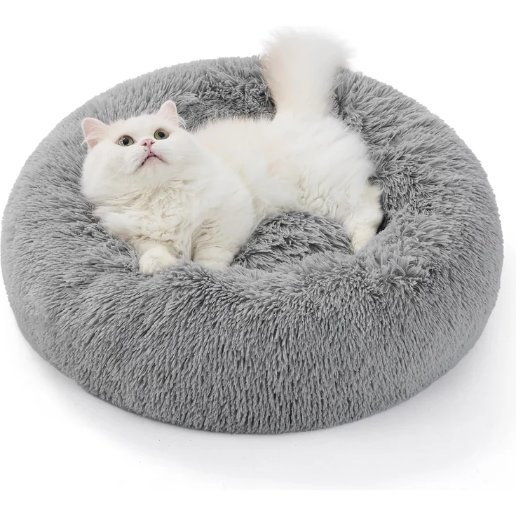 BEDSURE Hundebett waschbar Flauschiges Katzenbett - Ø 50 cm Donut Kissen, Katzenschlafplatz für Katzen Kleine Mittelgroße Hunde, Plüsch Katzenkissen Rund Kuschelbett, Hellgrau