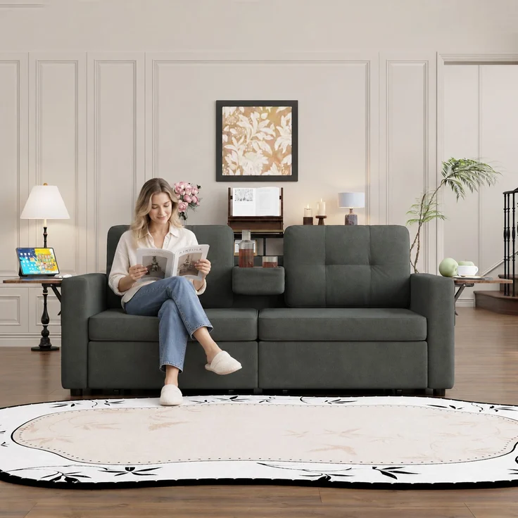 ZUBALIYA Schlafsofa 71x57.5 cm, mit Schreibtisch, mit Schubladen, mit Stauraum, mit Ablageflächen, mit Ausziehbett, Grau – Bild 2