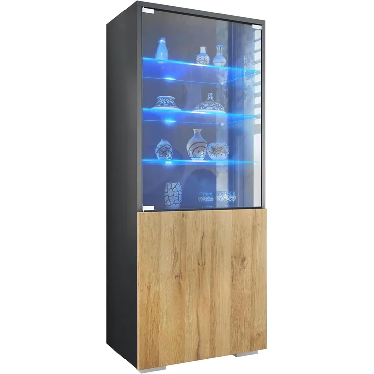Vladon Standvitrine Granada (Vitrinenschrank, mit Glastür und Glaseinsatz inkl. LED) Anthrazit matt/Eiche Natur (50 x 122,5 x 34,5 cm)