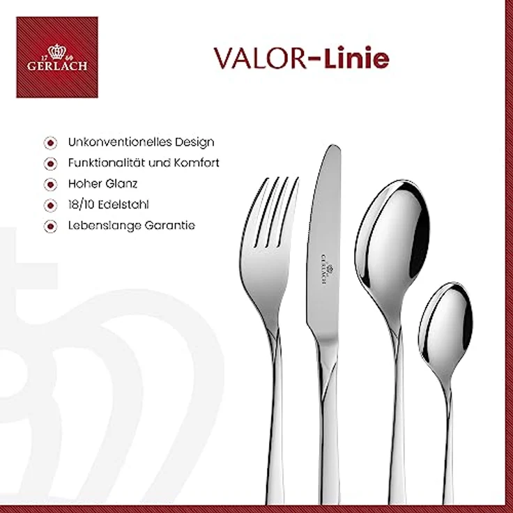 Mondex Besteckset Valor, 68-teilig, Silber, rostfreier Edelstahl, spülmaschinenfest, für 12 Personen – Bild 4