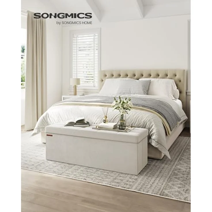 SONGMICS Sitzhocker mit Stauraum, klappbare Sitzbank, 38 x 110 x 38 cm Fußbank, Aufbewahrungsbox, bis 300 kg belastbar, für Wohnzimmer Schlafzimmer Flur, cremeweiß LSF277W01 – Bild 3