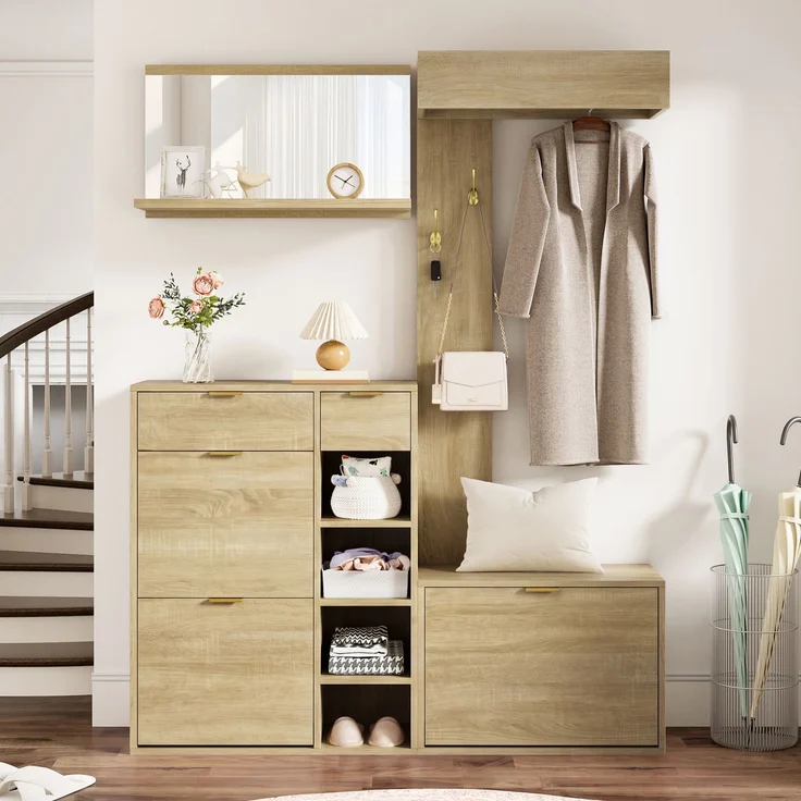 Garderoben-Set 130x30x174 cm mit Schuhschrank, Sitzbank, Spiegel und Hakenpaneel – Bild 4