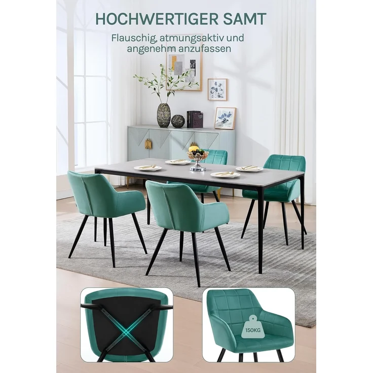 WOLTU 4 x Esszimmerstühle 4er Set Esszimmerstuhl Küchenstuhl Polsterstuhl Design Stuhl mit Armlehnen, mit Sitzfläche aus Samt, Gestell aus Metall, Türkis, BH93ts-4 – Bild 9