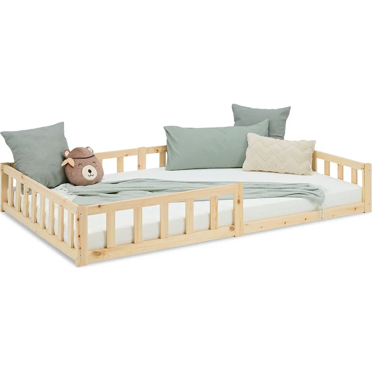 Kinderbett 120x200 Bodenbett mit Rausfallschutz Montessori Bett Kleinkindbett Holz Kiefer Natur Massiv Einzelbett Lattenrost Bettgestell – Bild 1