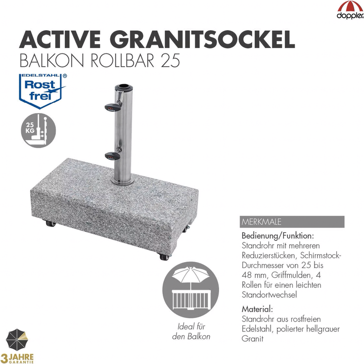Doppler Granitsockel 25 kg Balkonsockel mit Rollen ø 25 x 48 mm Schirmsockel 85897 – Bild 6