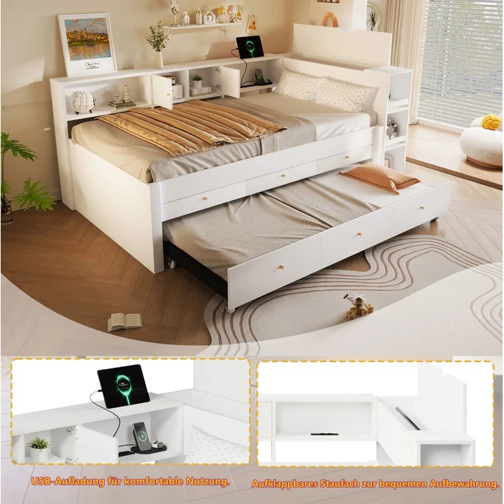 Holzbett mit USB-Anschluss, 3 Schubladen & Ausziehbett, 140x200 cm, Weiß, ohne Matratze – Bild 4