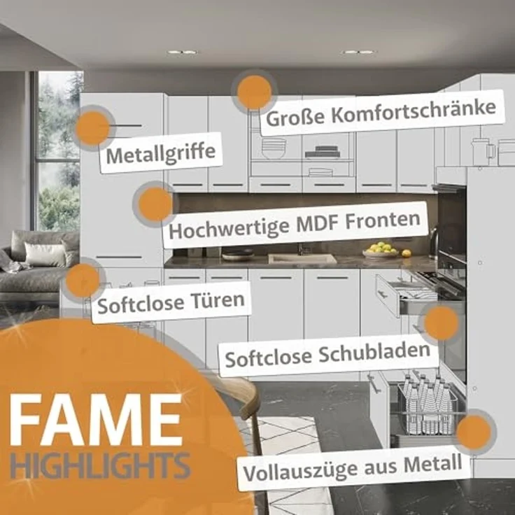 Küchenzeile Fame-Line Weiß Hochglanz/Anthrazit 340 cm, AP Eiche Vicco – Bild 5