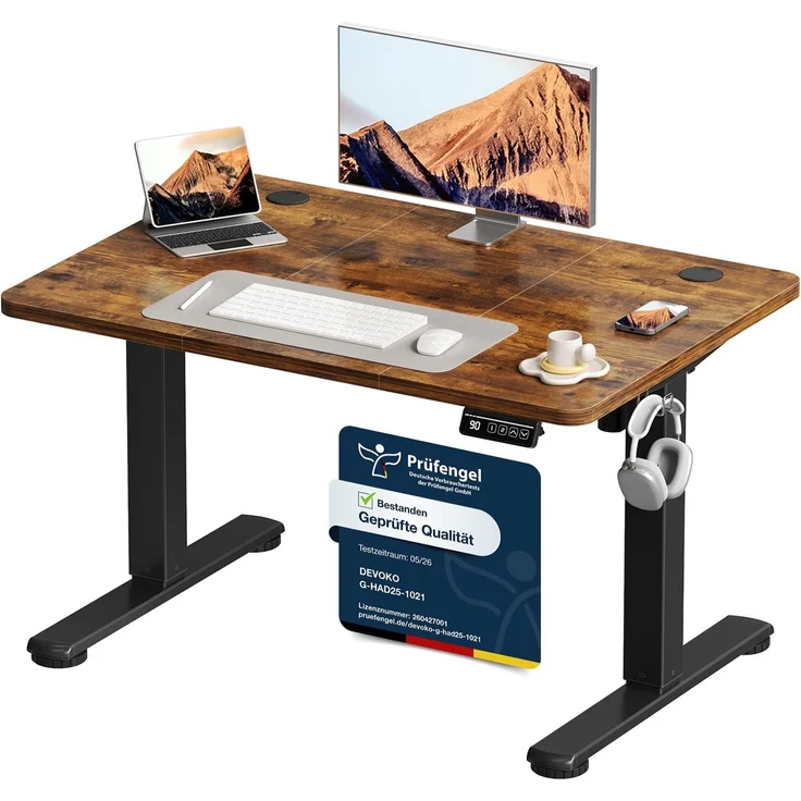 Devoko Elektrisch Höhenverstellbarer Schreibtisch 100x60 cm, Stabiler Schreibtisch Höhenverstellbar Tisch, Steh-Sitz Bürotisch, Computertisch mit Memory-Funktion, Stehpult, Standing Desk, Braun
