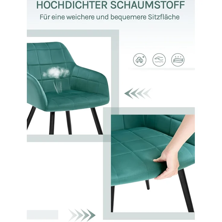 WOLTU 4 x Esszimmerstühle 4er Set Esszimmerstuhl Küchenstuhl Polsterstuhl Design Stuhl mit Armlehnen, mit Sitzfläche aus Samt, Gestell aus Metall, Türkis, BH93ts-4 – Bild 6