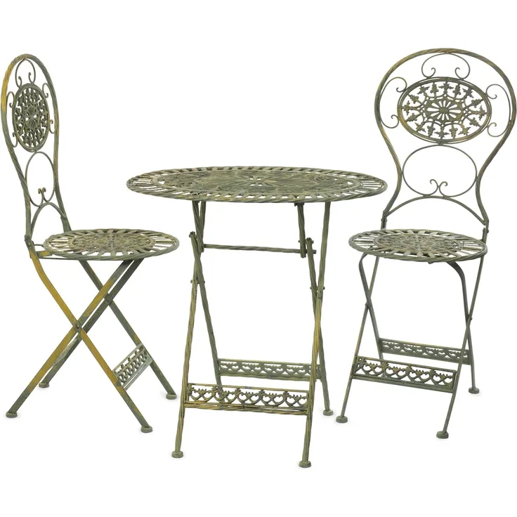 Moritz Bistro Set Tisch oval + 2 Stühle altgrün antik aus Gusseisen Gartendeko Set Bistrotisch Bistrostühle 3-teilig Sitzgruppe Balkonmöbel