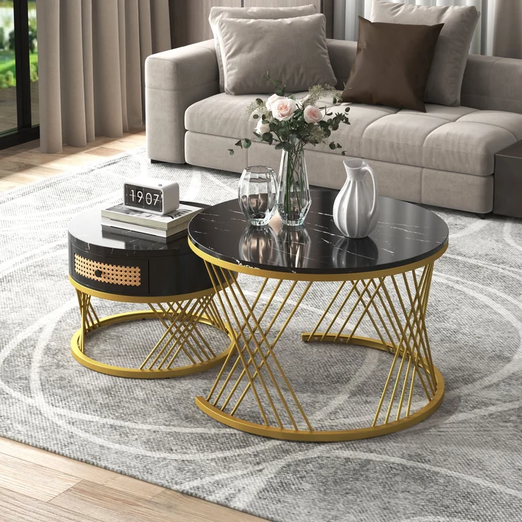 2-in-1 Couchtisch-Set rund mit Marmorplatte & Rattan-Schublade in Schwarz/Gold - 70x70x45,5 + 50x50x38,5 cm – Bild 2