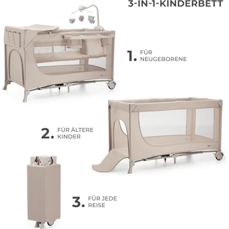 Kinderkraft Joy 2 Acc Kinderbett, 3 in 1 Kinderreisebett, Babybetten, Kinderbett, Reisebett, Modernes Design, Kleine Abmessungen nach Zusammenklappe, Praktisches Zubehör, Räder, Beige – Bild 12