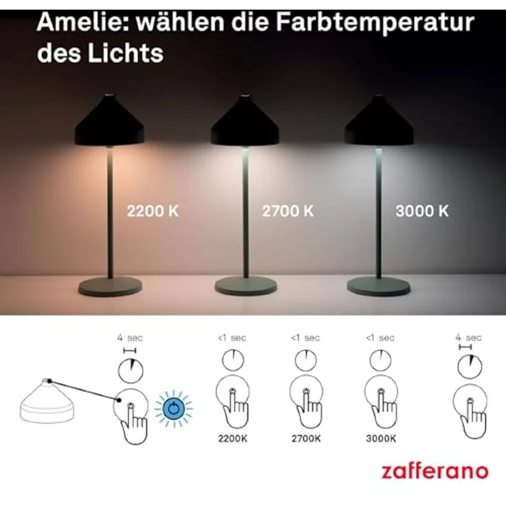 Zafferano, Amelie Lampe, Wiederaufladbare und Kabellose Tischlampe mit Touch Control, Geeignet für den Innen- und Außenbereich, Dimmer, 2200-3000 K, Höhe 34 cm, Farbe Schwarz – Bild 7