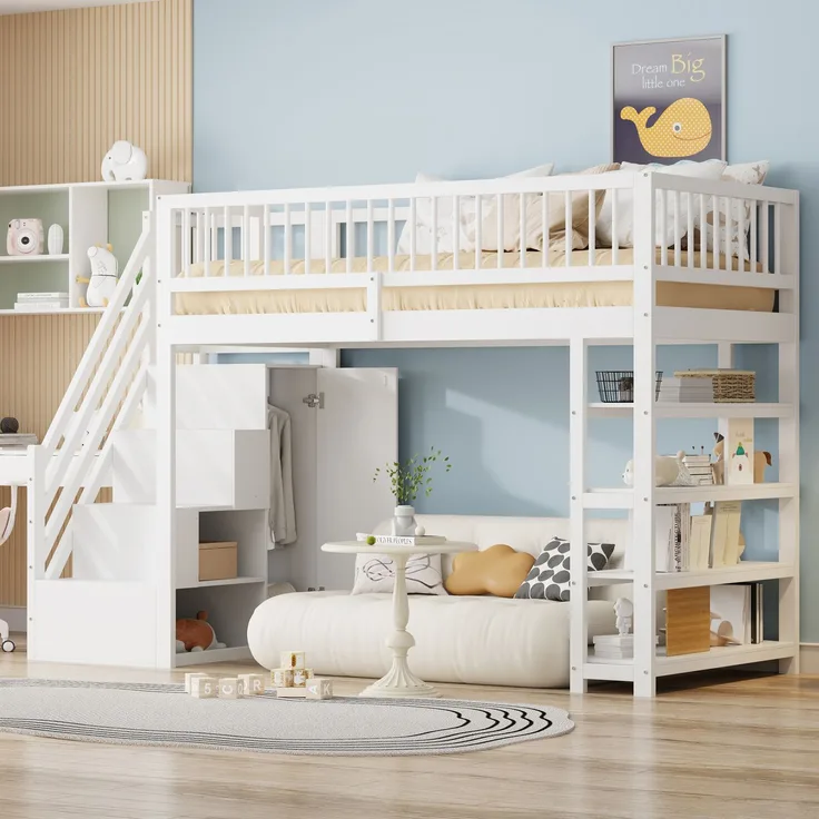 Merax Hochbett 90 x 200cm, Kinderbett Jugendbett, Multifunktionsbett, Massivholzbett, Hochzaun-Sicherheitsdesign mit Kleiderschrank, Regalen und Stauraum mit Sicherheitskletterleiter, weiß