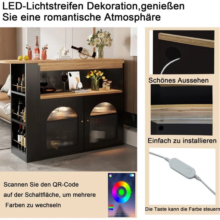 Ausziehbarer Bartisch 138-193x39x105 cm mit Stauraum – eleganter Tisch mit LED Lichtstreifen – Bild 8