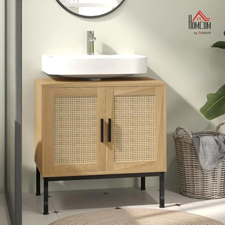 kleankin Waschbeckenunterschrank Unterschrank mit Schrankfach, Waschtischunterschrank mit Rattanoptik, Badunterschrank mit Kippschutz, Eiche, 60 x 39 x 60 cm – Bild 3