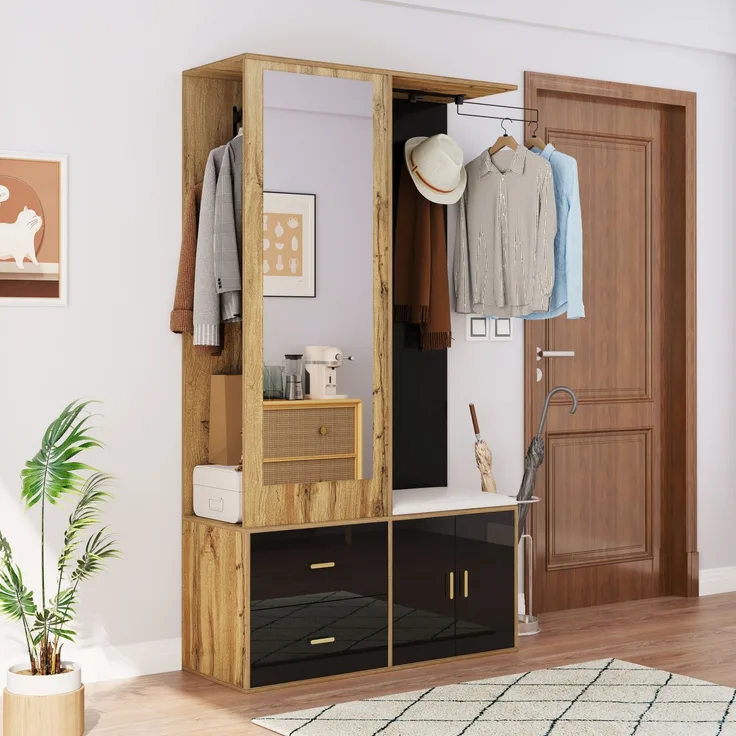 Faumrta Elegantes Kleiderschrankset in Schwarz und Holzfarbe mit Spiegel, Schuhschrank, Schuhbank mit Haken und ausziehbaren Kleiderbügeln. 100CM*38CM*180CMNaturalSpanplatte