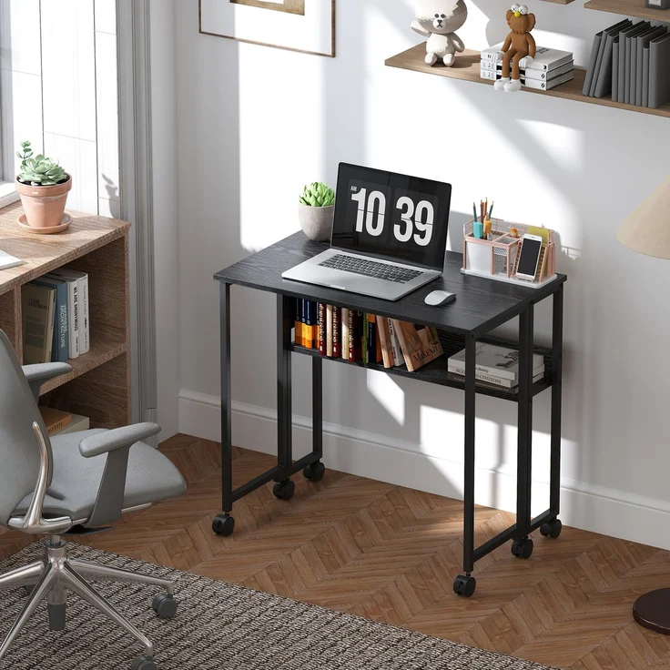 MELAYR, Klappbarer Schreibtisch auf Rollen, 80 x 50 cm, mit Ablage und Aufbewahrungstasche, Schwarz – Bild 4