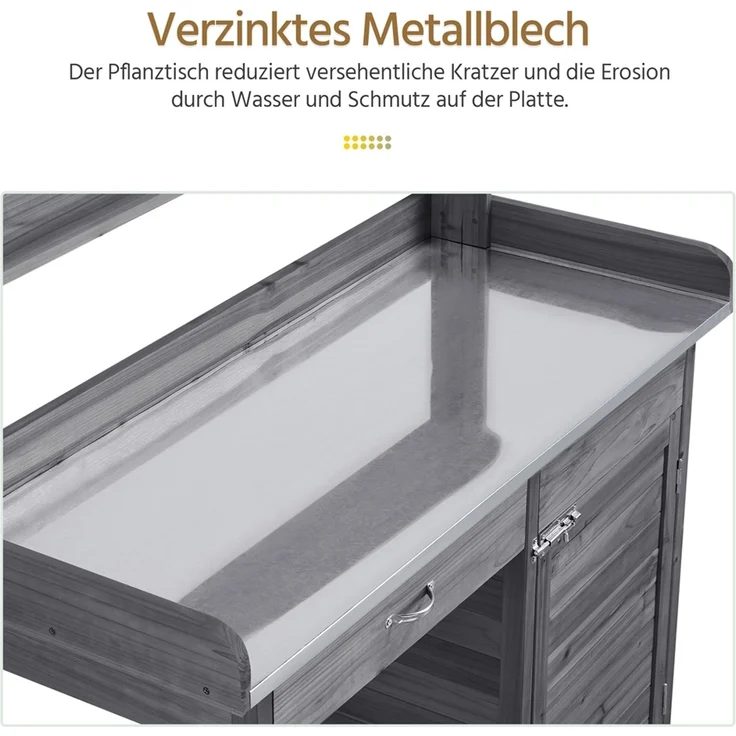 Yaheetech Pflanztisch Garten Pflanztisch mit Schubladen & Unterschrank, Outdoor Gärtnertisch Holzpflanztisch mit verzinkt Arbeitsplatte, Grau – Bild 9