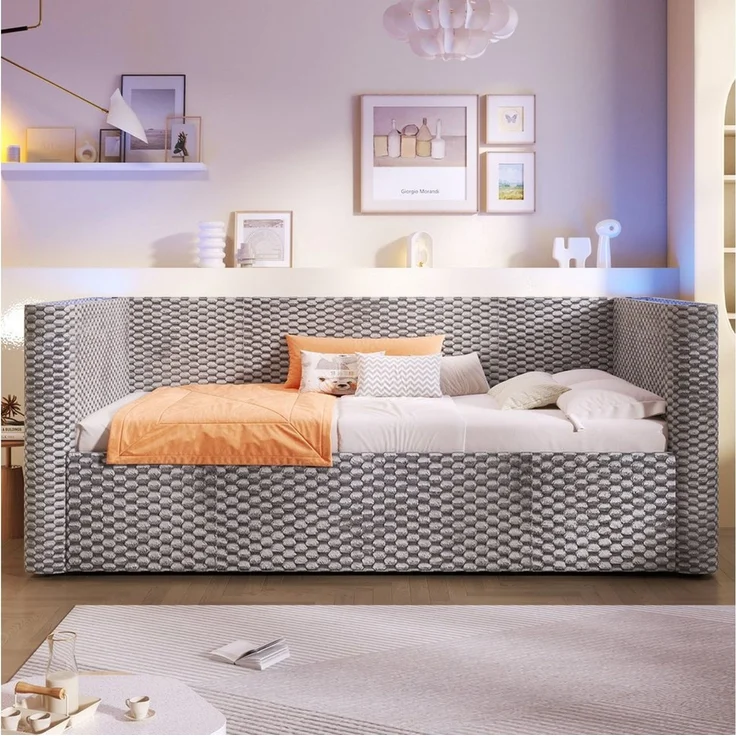 Odikalo Schlafsofa Schlafcouch Tagesbett 90x200 mit Lattenrost, Daybett, Schlafsofa, 90 × 200 cm, 180 × 200 cm, multifunktionales Ausziehbett-Design mit LED-Lichtleiste, Lattenrost (ohne Matratze), Samt, Grau / Beige – Bild 2