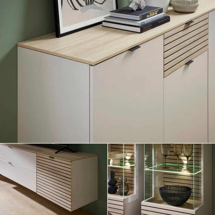 Stella Trading INA Wohnwand Komplett-Set in Kaschmir, Riva Eiche Optik FSC-Zertifiziert - Moderne Schrankwand 7-teilig mit LED-Beleuchtung für Ihr Wohnzimmer - 340 x 185 x 44 cm (B/H/T) – Bild 3